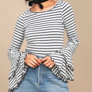 Free People Black and White Striped Ruffle Sleeve Top